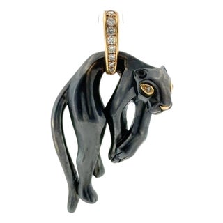 Vintage Cartier Panthere Diamond Silverium Black Silver 18k Yellow Gold Pendant For Sale