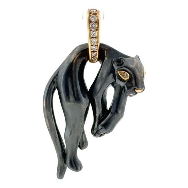 Vintage Cartier Panthere Diamond Silverium Black Silver 18k Yellow Gold Pendant For Sale