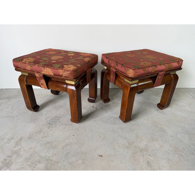 Vintage Chinese Ming Style Mahogany Stools With Floral Cushions – A Pair For Sale - Image 4 of 18