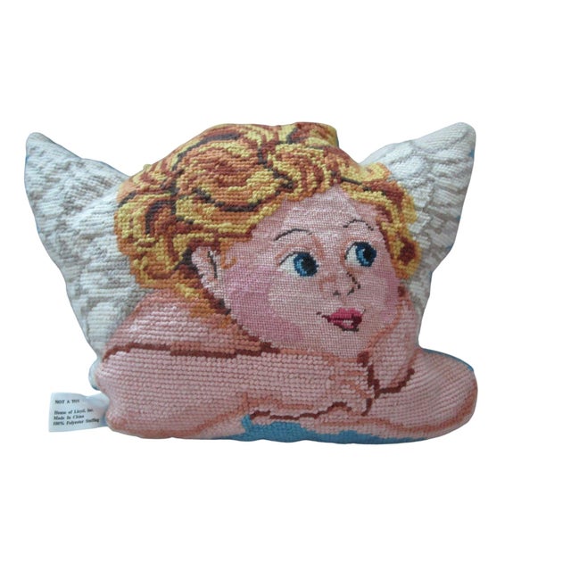 1980s Vintage Golden Hair Angel Needlepoint Decorative Pillow Velvet Back For Sale - Image 5 of 7