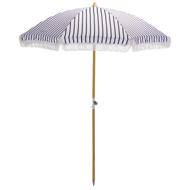 Black Bella 6.5 Ft Beach Fringed Umbrella, Black Bistro Stripe For Sale - Image 8 of 8