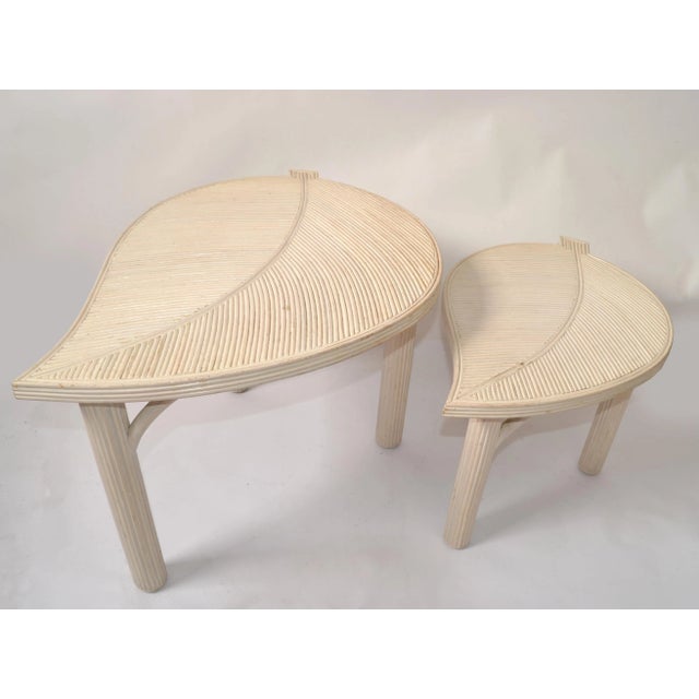 Wood 1990s Hollywood Regency Two Decorative Leaf Shaped Bamboo and Pencil Reed Side Tables - a Pair For Sale - Image 7 of 12