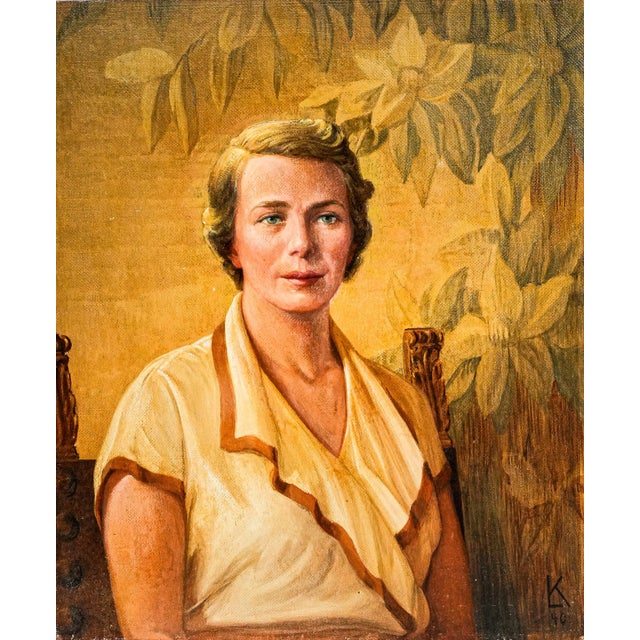 This elegant antique oil painting on board captures the poised likeness of a refined young woman, rendered with remarkable...