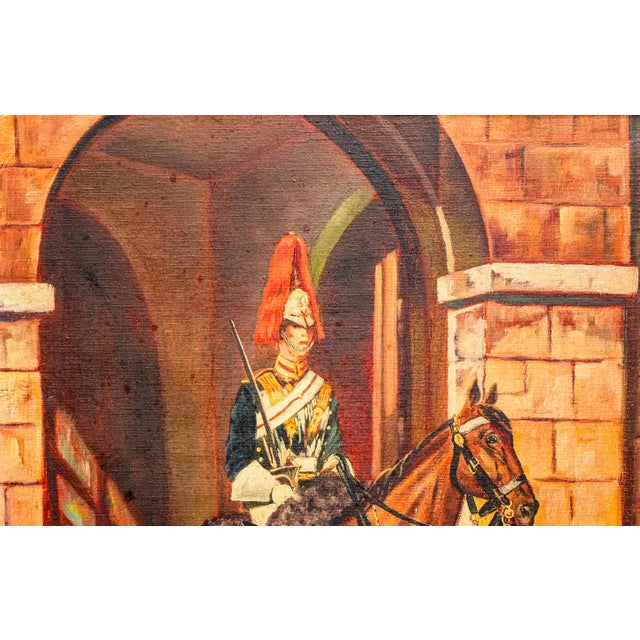 1930s Stately Ceremonial Guard British Military Soldier on Horse Royal Mews Oil Painting Art Home Wall Decor For Sale - Image 4 of 14