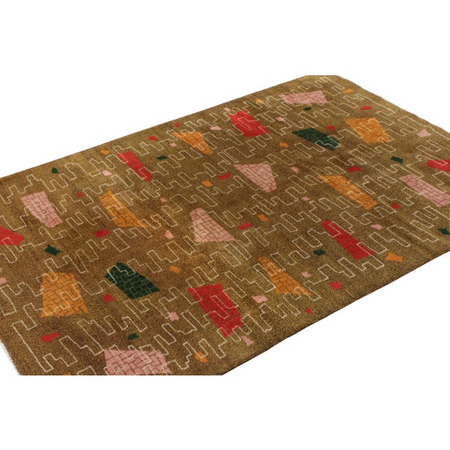 Art Deco Vintage 1960s Art Deco Rug in Mustard, Beige-Brown, Multicolor Geometric Pattern For Sale - Image 3 of 5