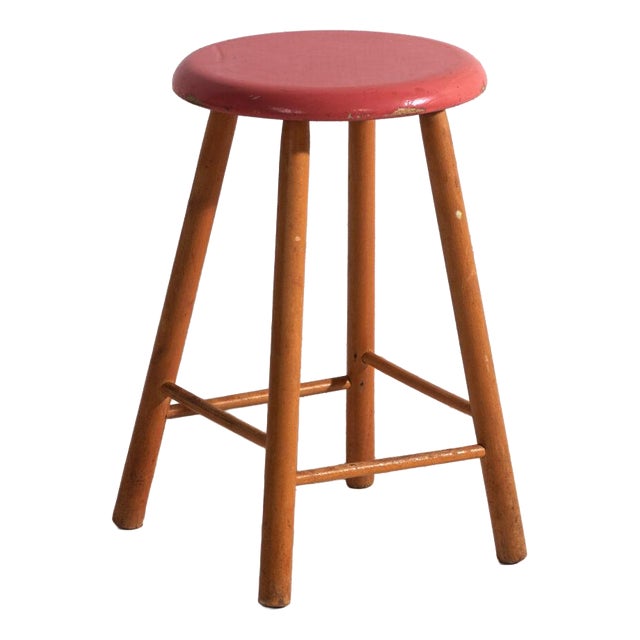 Vintage Wooden Stool with Round Seat, Central Europe, 1950 For Sale