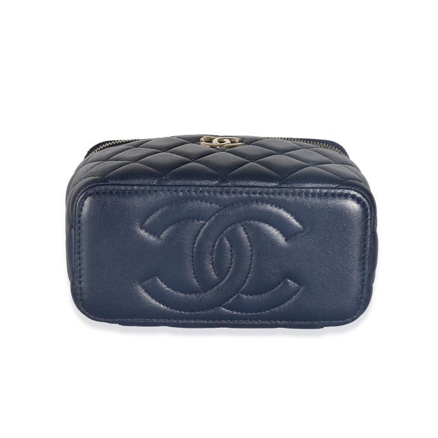 Animal Skin Navy Quilted Lambskin Top Handle Vanity Case With Chain For Sale - Image 7 of 9