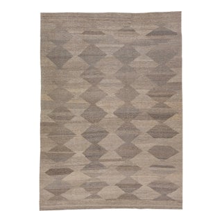 2020s Brown Flatweave Modern Kilim Wool Rug With Geometric Pattern For Sale