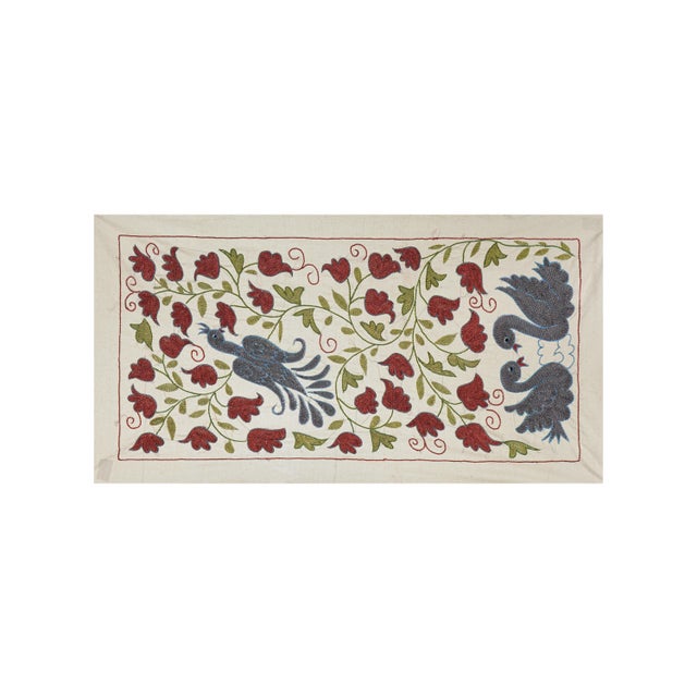 Blue & Red Swan Embroidery | Vintage Bird Motif Table Decor 1'7'' X 2'9'' For Sale - Image 4 of 9