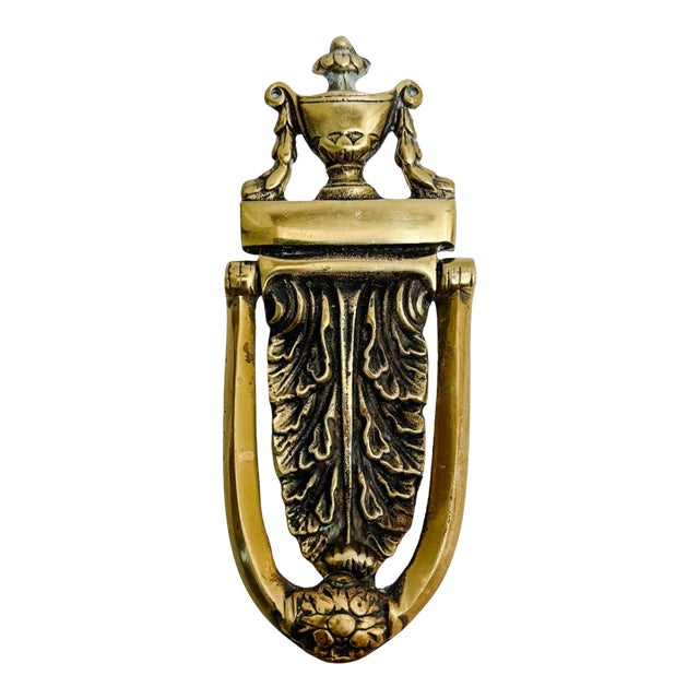 Vintage Neoclassical Solid Brass Urn & Acanthus Leaf Door Knocker For Sale