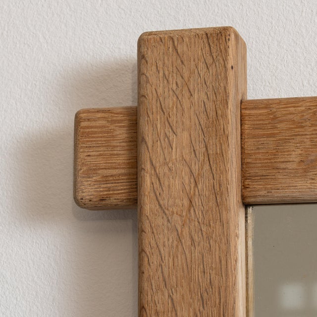 French Provincial 1970-1979 France Weathered Honey Oak Carved Oak Window-Pane Mirror For Sale - Image 3 of 7