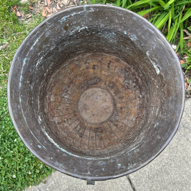 Mid 20th Century Vintage Patinated Hammered Brass Planter/Jardiniere Ring Handles Repousse Floral Design For Sale - Image 5 of 12