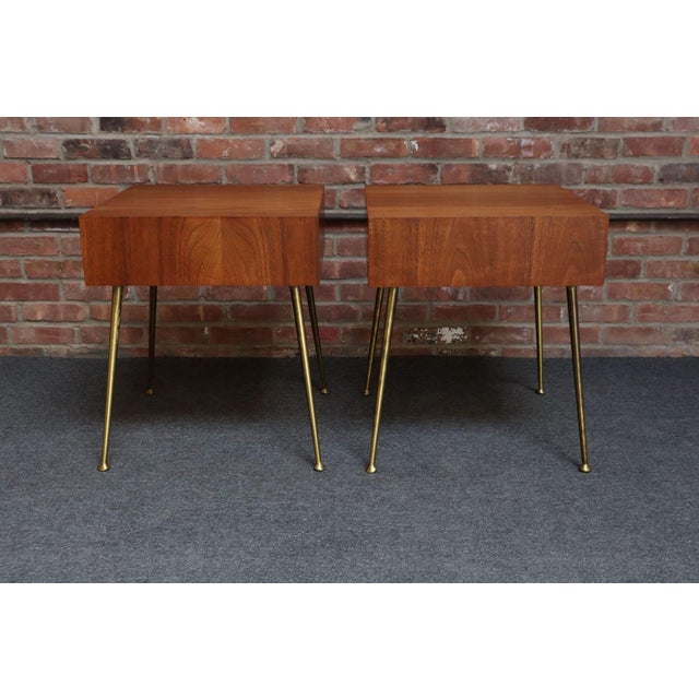 Wood Pair of Walnut and Brass Single Drawer Nightstands by t.h. Robsjohn-Gibbings For Sale - Image 7 of 18