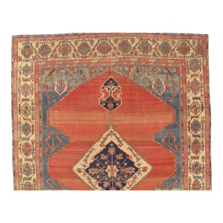 Antique Persian Serapi Carpet, Handmade Wool Oriental Rug, Ivory Rust Light Blue For Sale