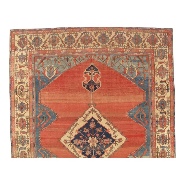 Antique Persian Serapi Carpet, Handmade Wool Oriental Rug, Ivory Rust Light Blue For Sale
