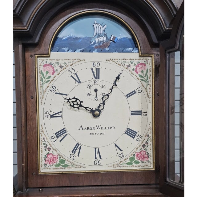 Colonial Aaron Willard Mahogany Grandfather Clock Henry Ford Museum Rocking Ship For Sale - Image 4 of 9