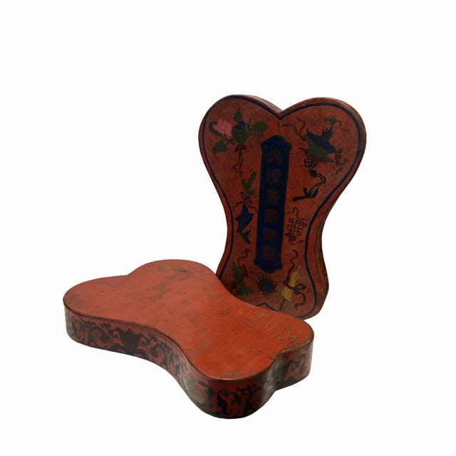 Chinese Distressed Brick Red Treasure Graphic Ribbon Shape Box For Sale - Image 4 of 5