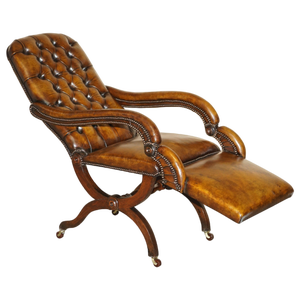 Regency X Framed Reclining Chesterfield Lounge Chair in Brown Leather, 1810s