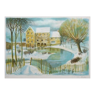 Vintage Mid Century Winter Landscape Lithograph For Sale