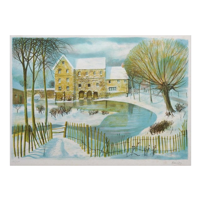 Vintage Mid Century Winter Landscape Lithograph For Sale