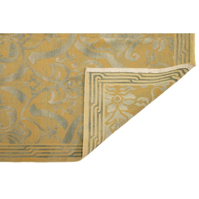 Transitional Handmade Needlepoint Wool & Silk Rug in Green and Gold Color With Allover Design For Sale - Image 3 of 9