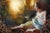 This artwork portrays a serene figure seated with a gentle expression, cradling fabric while a delicate bird flits nearby....