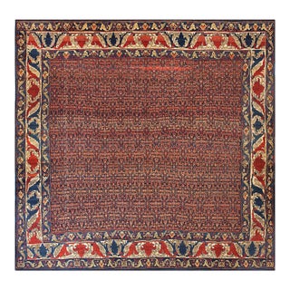 1890s Blue Navy Floral Antique W. Persian Senneh Rug 11' X 11'3" Handknotted Wool Carpet For Sale