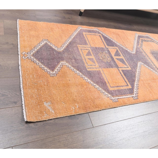 2'9x11'4 Vintage Orange Geometric Turkish Hand-Knotted Runner Rug For Sale - Image 4 of 9