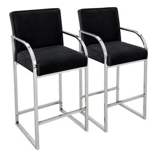 Pair Milo Baughman Velvet and Chrome Bar Stools, 1970 For Sale
