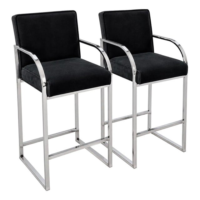 Pair Milo Baughman Velvet and Chrome Bar Stools, 1970 For Sale