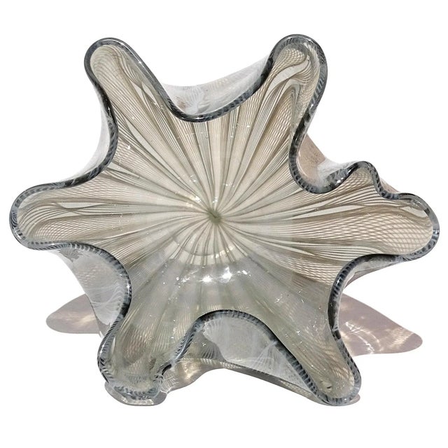 Murano Venini Bianconi Murano Signed Taupe Gray Opal White Zanfirico Italian Art Glass Fazzoletto Vase For Sale - Image 4 of 6