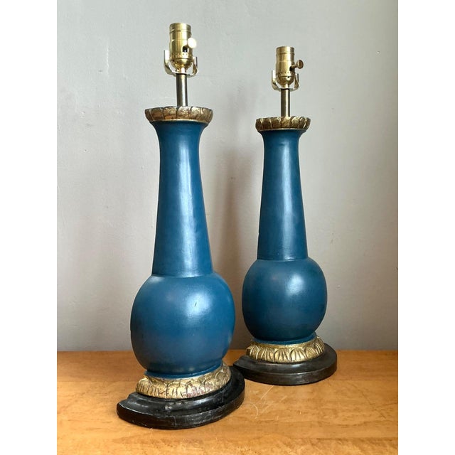 Cerulean Vintage Blue Gilt Accented Table Wood Half Lamps - Pair For Sale - Image 8 of 11