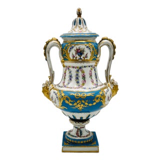 Antique French Sevres Style Porcelain Double Handled Urn For Sale