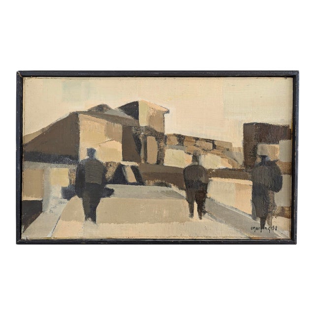 1958 Mid-Century Modern "Spanish Walks" Vintage Abstract Figurative Landscape Oil Painting by Swedish Artist Ivar Morsing, Framed For Sale