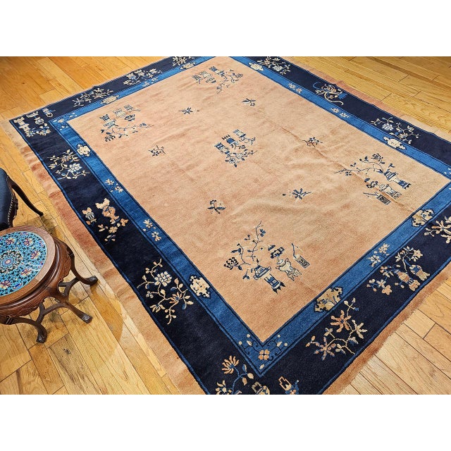 Late 19th Century Antique Chinese Peking Rug, Hand-Knotted Wool, Pale Peach, Navy, 9' x 12' For Sale - Image 5 of 18