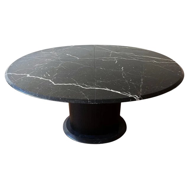 Vintage Marble and Ebonized Wood Oval Extendable Dining Table, 1980s For Sale
