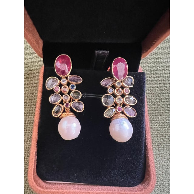 Baroque Bochic "Capri" Vintage Ruby & Rose Cut Sapphire Earrings Set 18K Gold & Silver For Sale - Image 3 of 18