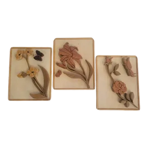 Vintage Mid Century Modern Small Custom Made Wood 3 Dimentional Floral Wall Art Set of 3