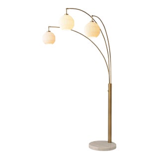 1960s Nova of California Moraga 3 Light Arc Floor Lamp, Bone Porcelain, Weathered Brass & Walnut, 4-Way Rotary Switch, Marble Base For Sale