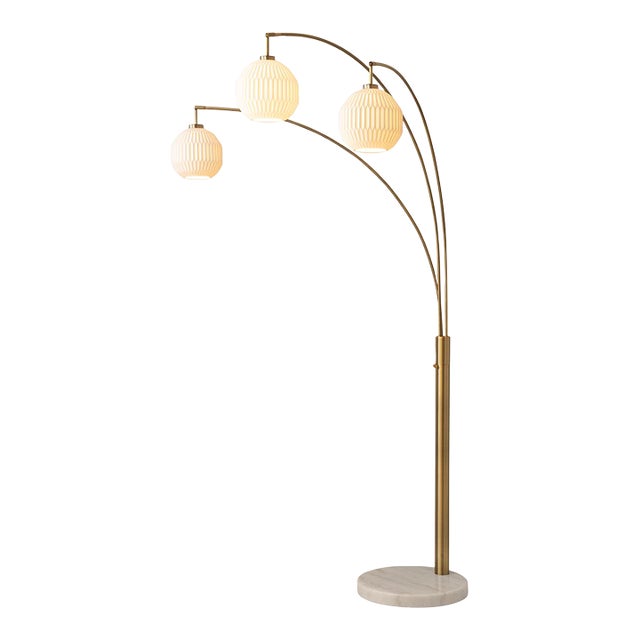 1960s Nova of California Moraga 3 Light Arc Floor Lamp, Bone Porcelain, Weathered Brass & Walnut, 4-Way Rotary Switch, Marble Base For Sale