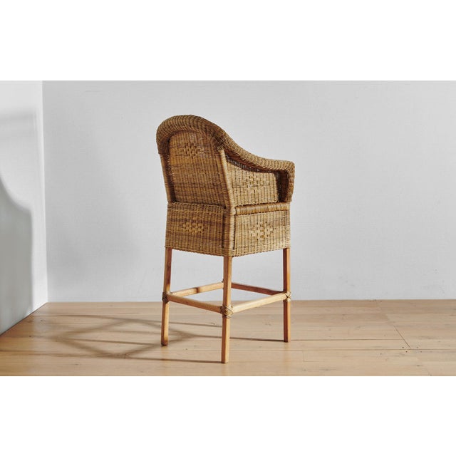 Handwoven Malawi Cane Bar Stool in Classic Weave With White Linen Cushion For Sale - Image 4 of 7