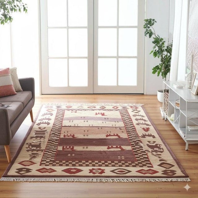 6x9 Ivory Hand-Knotted Wool Animal Silhouette Landscape Traditional Carpet Rug For Sale - Image 4 of 6