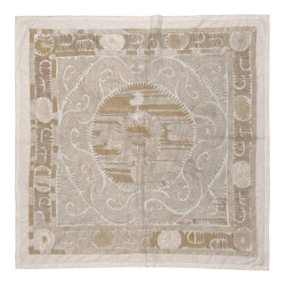 Vintage Hand-Embroidered Neutral Tan Suzani From Bukhara 4'9'' X 4'10'' For Sale