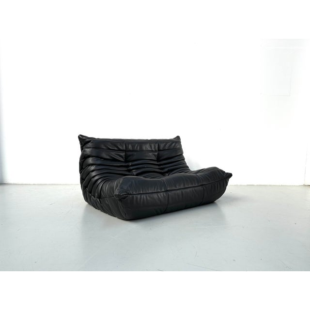 Animal Skin French Togo 2-Seater Sofa in Black Leather attributed to Michel Ducaroy for Ligne Roset, 1970s For Sale - Image 7 of 12