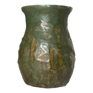 Unique Vintage Handmade Signed 74 Green Glazed Wrinkle Crinkled Art Pottery Vase