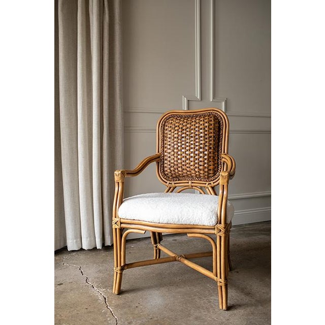 Mid-Century Modern Rare Set of Four Vintage Padma’s Plantation Armchairs Woven Rattan, Sherpa Upholstery For Sale - Image 3 of 18