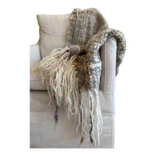 Handwoven Wool Fiber Art Throw Blanket Gray Cream Chunky Fringe Boho Textile For Sale