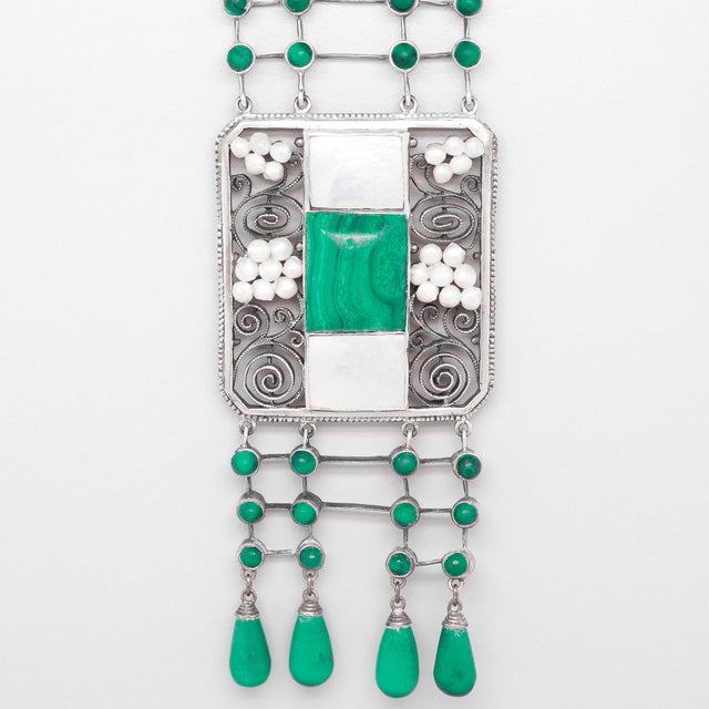 Antique Theodor Fahrner Sterling Silver, Malachite, & Pearl Jugendstil Necklace For Sale - Image 13 of 17
