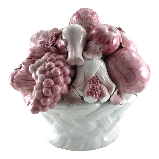 Mid-Century Ceramic Woven Basket of Fruit Shades of Pink For Sale