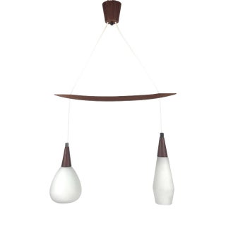 Mid-Century Modern Scandinavian Teak and White Glass Double Pendant Light, 1960s For Sale